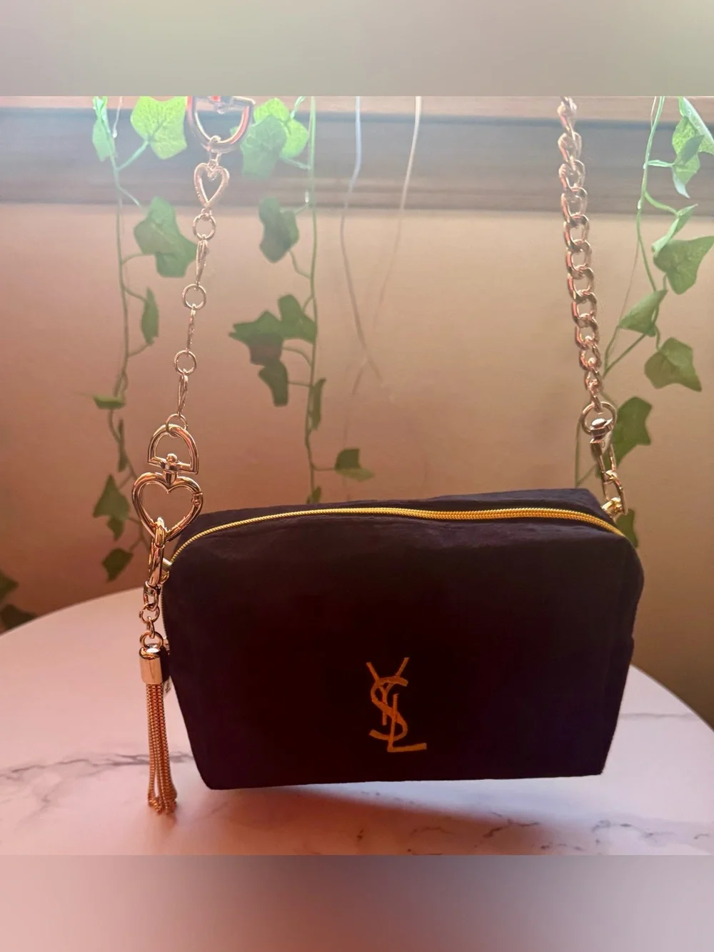 Yves Saint Laurent Black Cosmetic Pouch with Gold YSL Logo